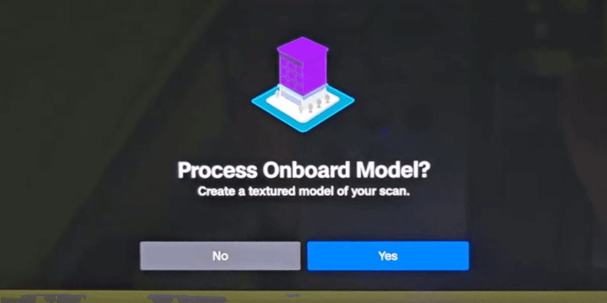 畫面為 Skydio X10 無人機掃描作業完成後的系統提示介面，顯示是否進行模型處理與生成貼圖模型選項，呈現 3D 掃描資料後續建模流程操作畫面。